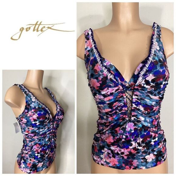 New. Profile by Gottex pink and blue floral lace front tankini top. 34D. S/M. Re - Picture 1 of 12